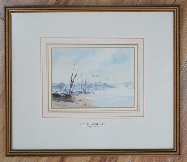 Arthur Gerald Ackermann (1876-1960), watercolour, Beached fishing boats, signed, inscribed to the mount, gallery label verso, 13 x 18cm. Condition - fair to good, some general discolouration